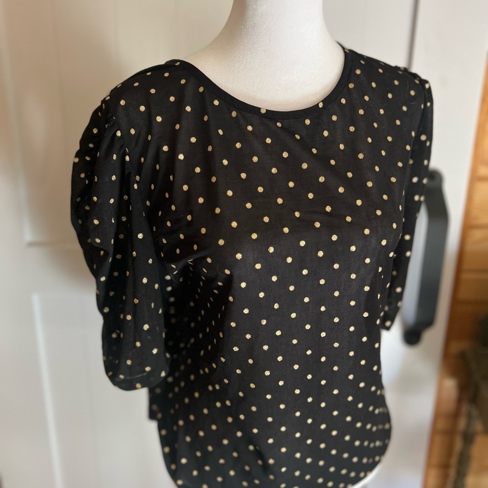 NWT 1.STATE Black Gold Polka Dot Sheer Puff Sleeve Blouse XL